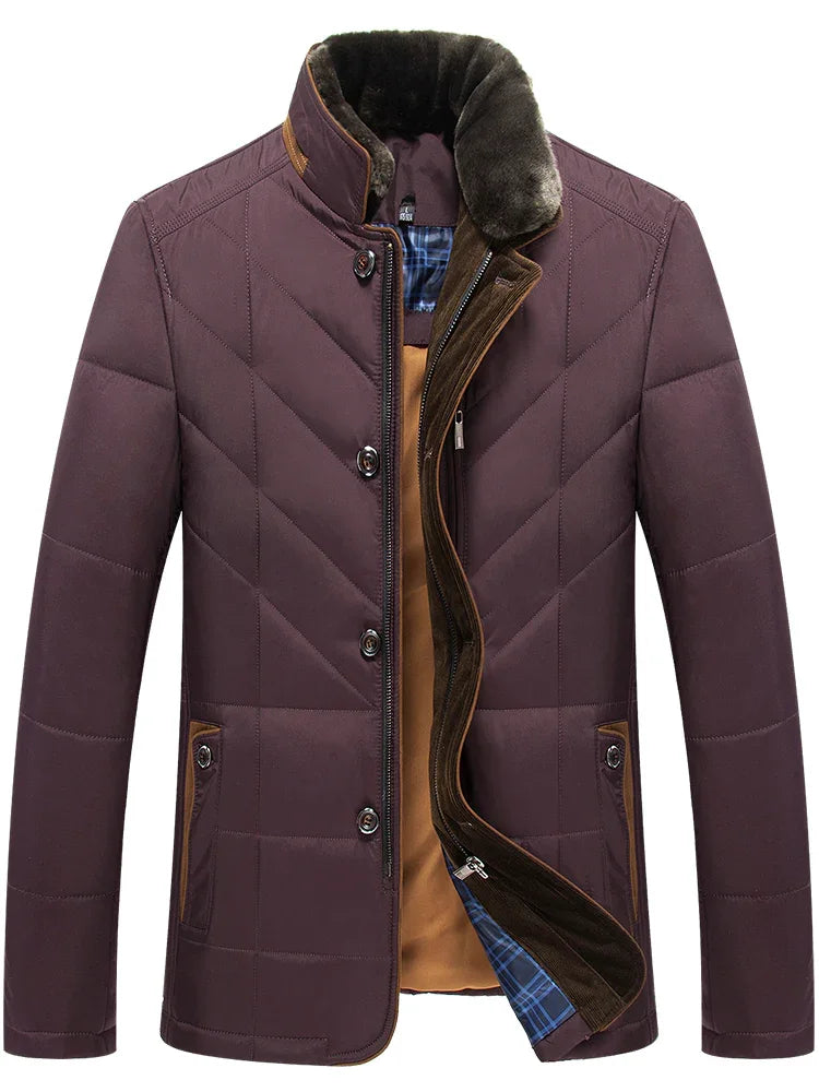 Mens quilted brown winter jacket with fur collar, button and zipper closure, and plaid lining