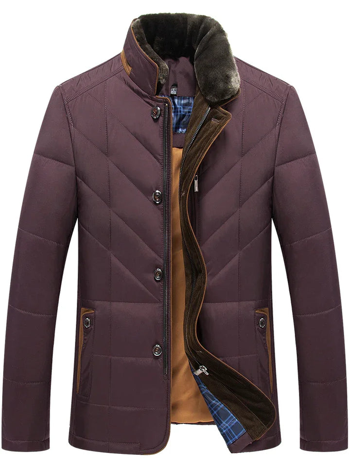 Mens quilted brown winter jacket with fur collar, button and zipper closure, and plaid lining