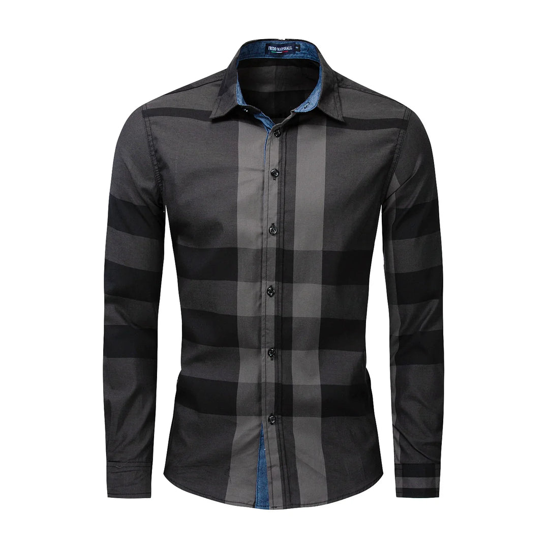 Men's black and gray checkered long sleeve shirt with denim inner collar lining and button front