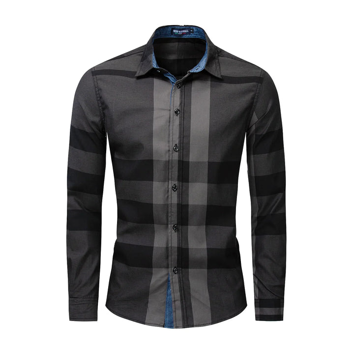 Men's black and gray checkered long sleeve shirt with denim inner collar lining and button front