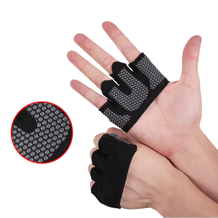 Black fingerless workout gloves with hexagonal grip pattern on hands