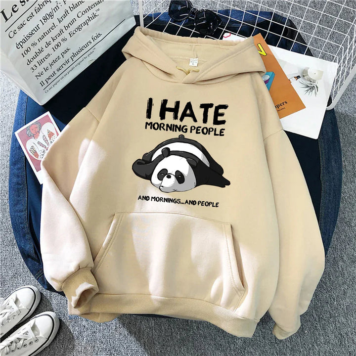 Beige hoodie with funny quote I hate morning people and sleepy panda graphic on front