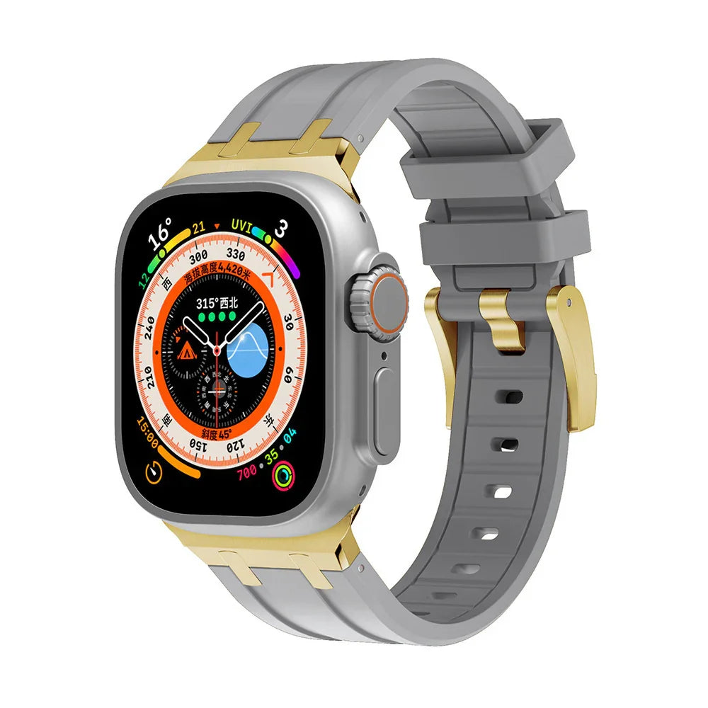 Modern smartwatch with gray silicone strap and gold accents displaying colorful outdoor activity app