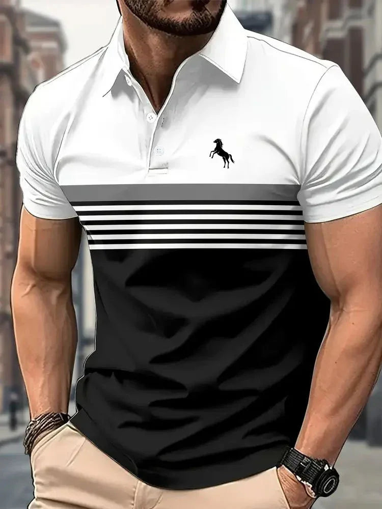 Muscular man wearing a black and white color-block polo shirt with horizontal stripes and a small horse logo