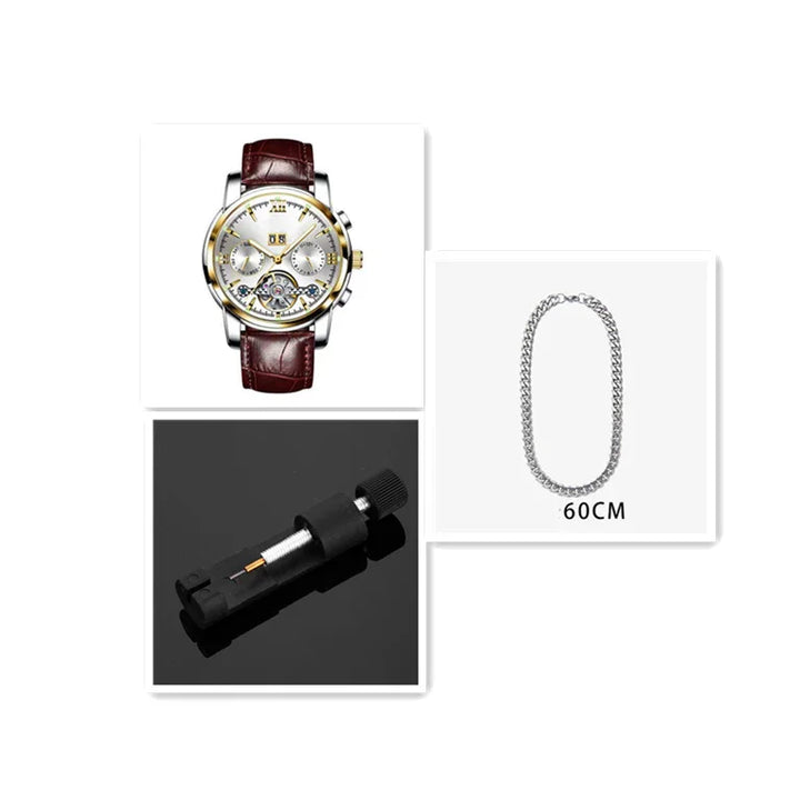 Silver wristwatch with brown leather strap, 60cm silver chain necklace, and black mechanical tool on black background