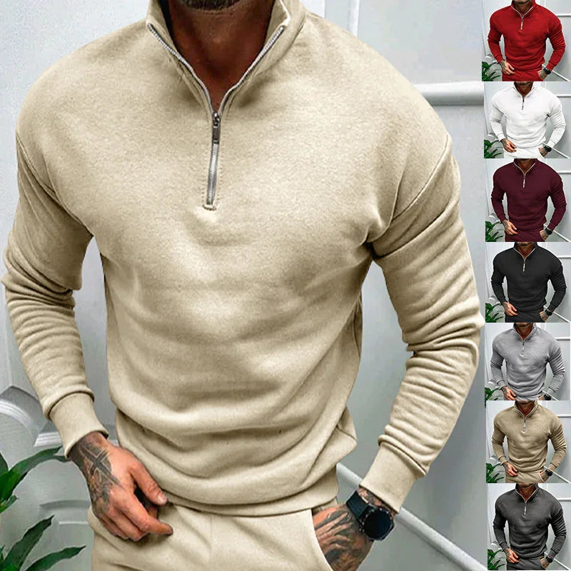 Man wearing beige quarter-zip sweater with long sleeves, shown in multiple colors including red, white, burgundy, black, gray, and beige