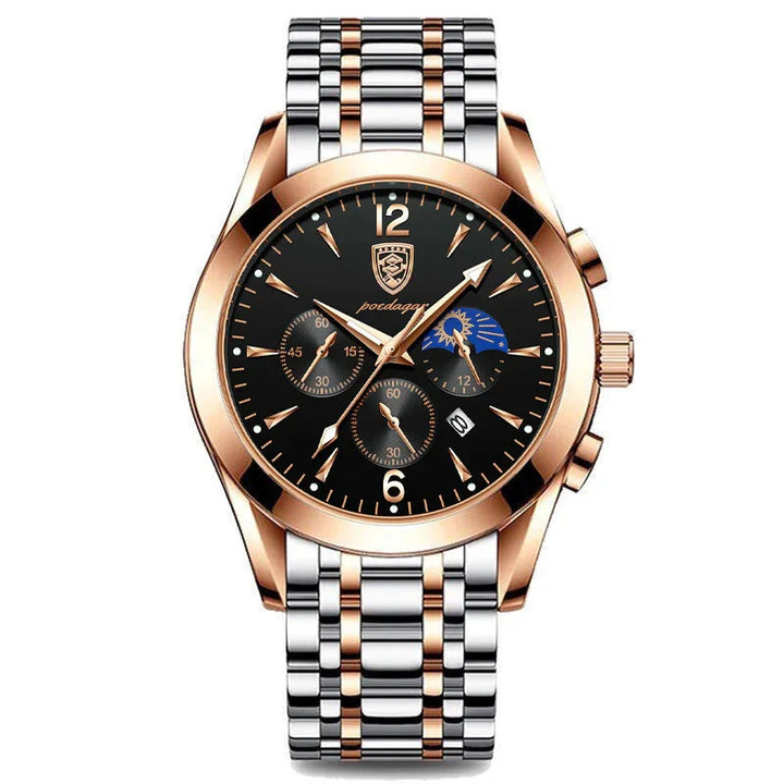 Luxury men's wristwatch with black dial, rose gold bezel, day-night subdial, and silver-rose gold metal bracelet