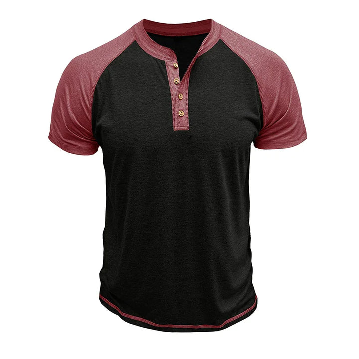Men's casual henley t-shirt with black body and red raglan sleeves, three-button placket