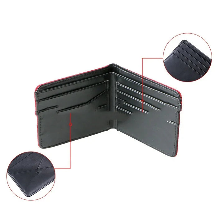 Open black leather wallet showing multiple card slots with zoomed close-ups on corners