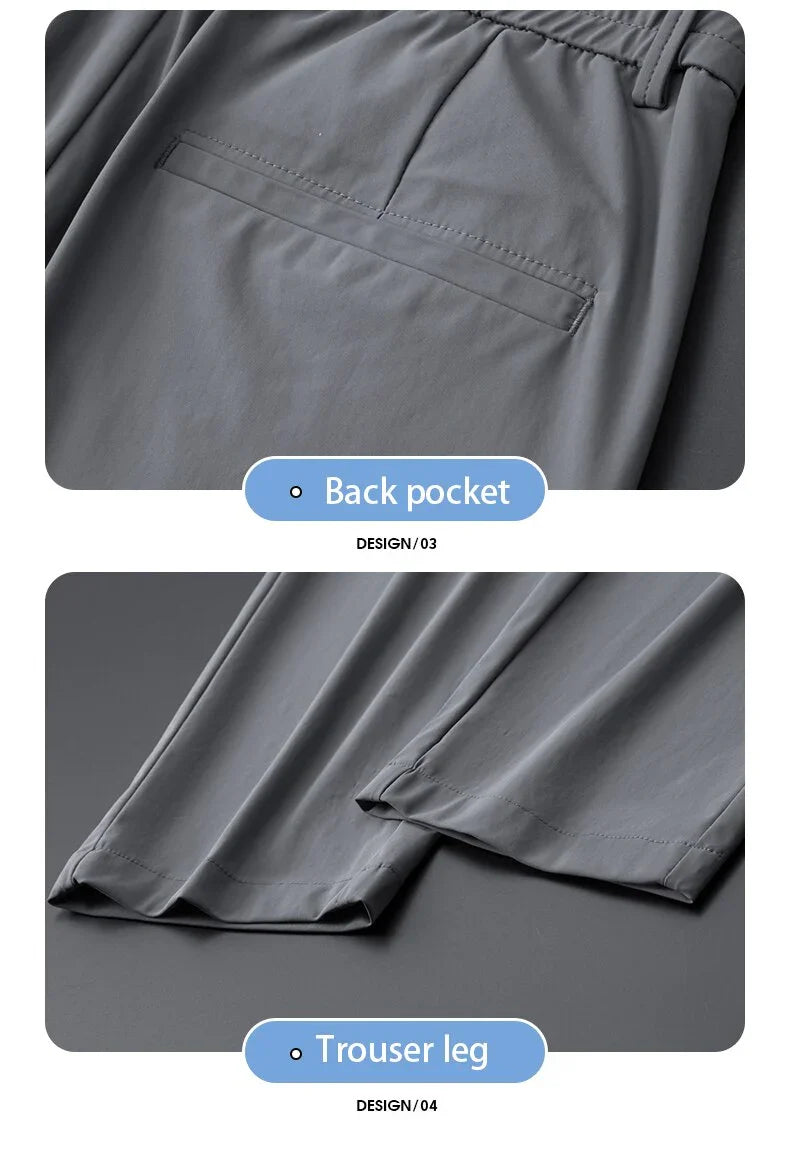 Close-up of grey trousers showing back pocket detail and hemmed trouser leg design