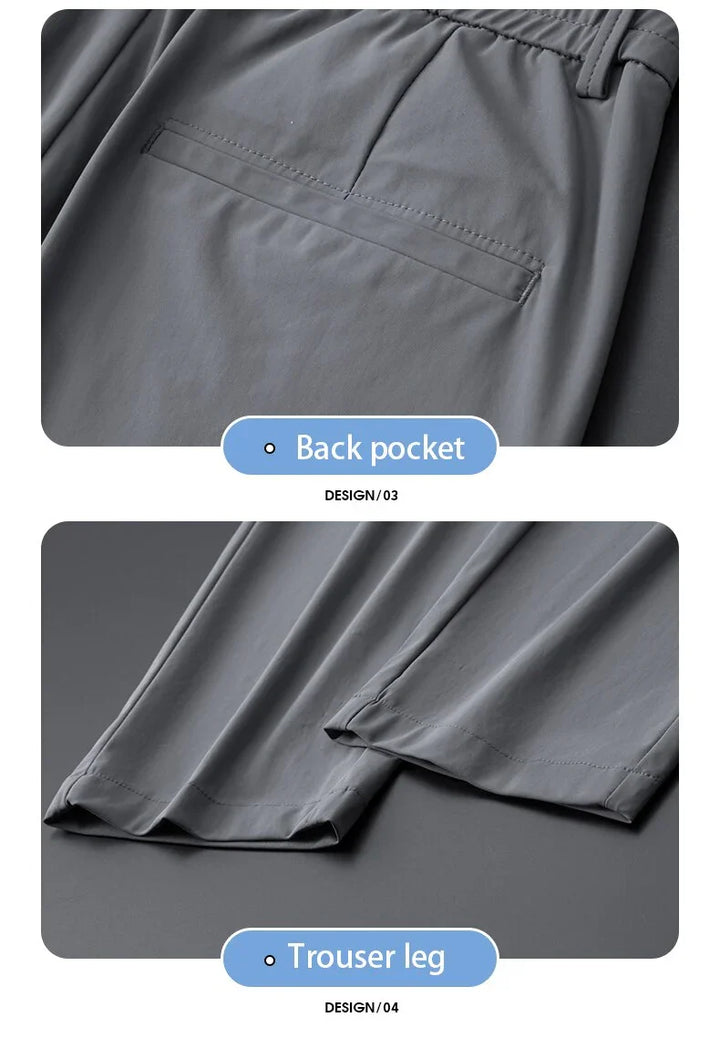 Close-up of grey trousers showing back pocket detail and hemmed trouser leg design