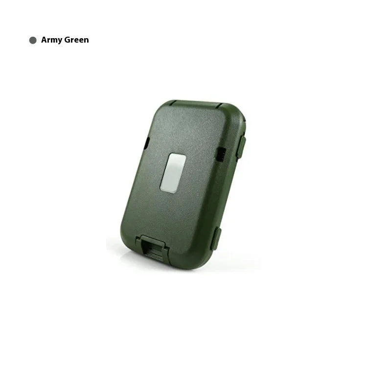 Compact army green protective case with secure latch and metallic detail on white background