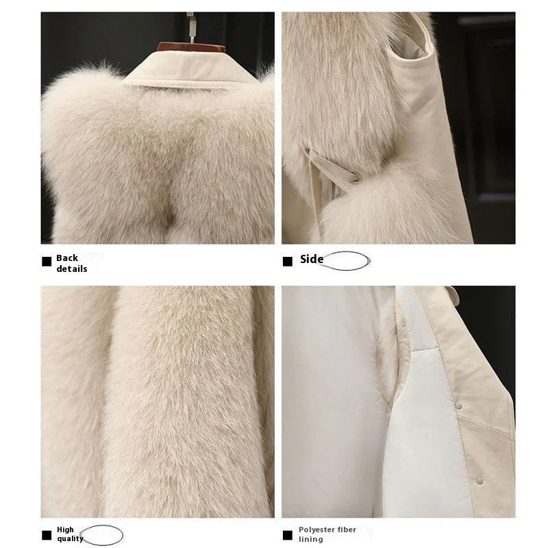 Close-up shots of beige fur coat details including back fur texture, side trim, high-quality fur, and polyester fiber lining