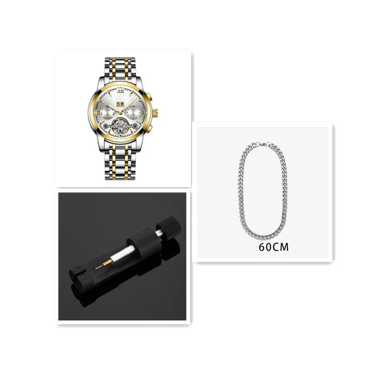 Gold and silver men's wristwatch, black watch repair tool, and 60cm silver chain necklace