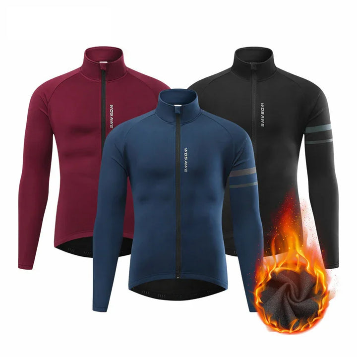 Thermal cycling jackets in blue, black, and red with fleece lining and full zipper design