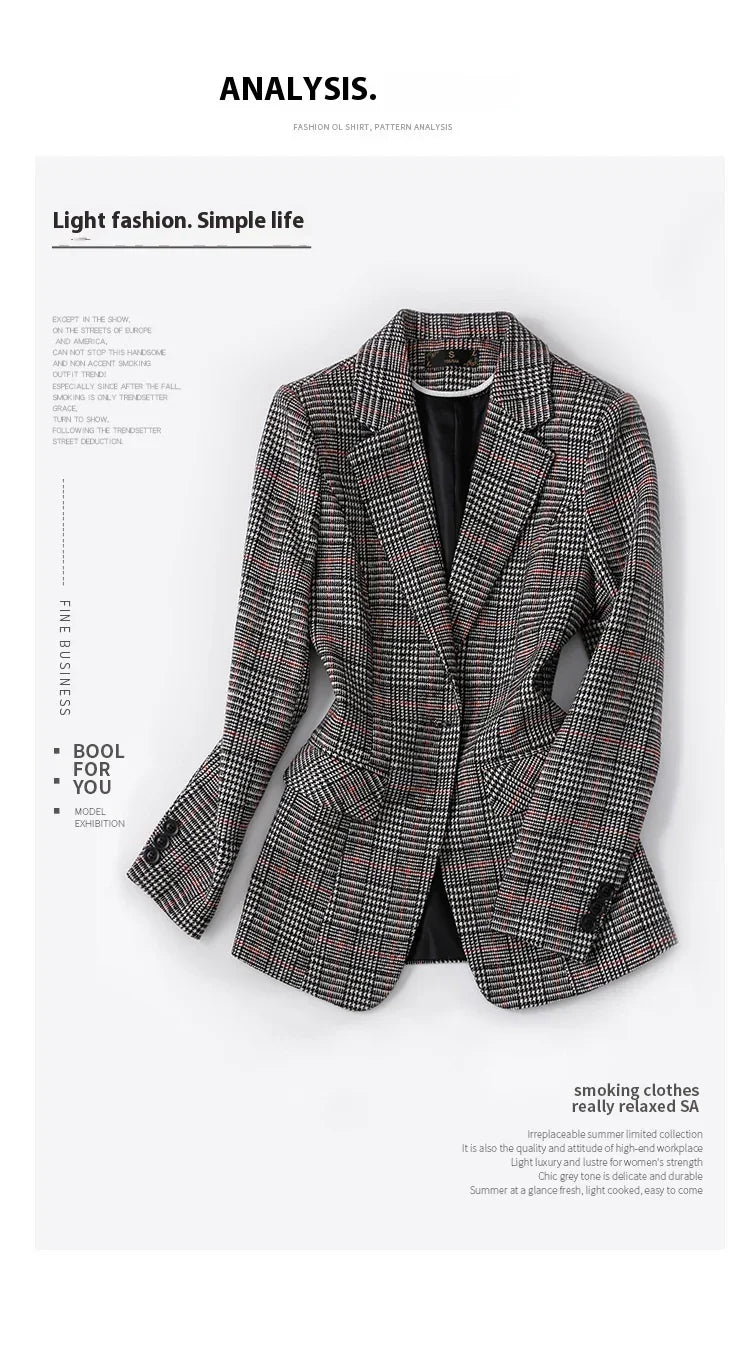 Women's tailored checkered blazer with black and white pattern and subtle red accents on white background