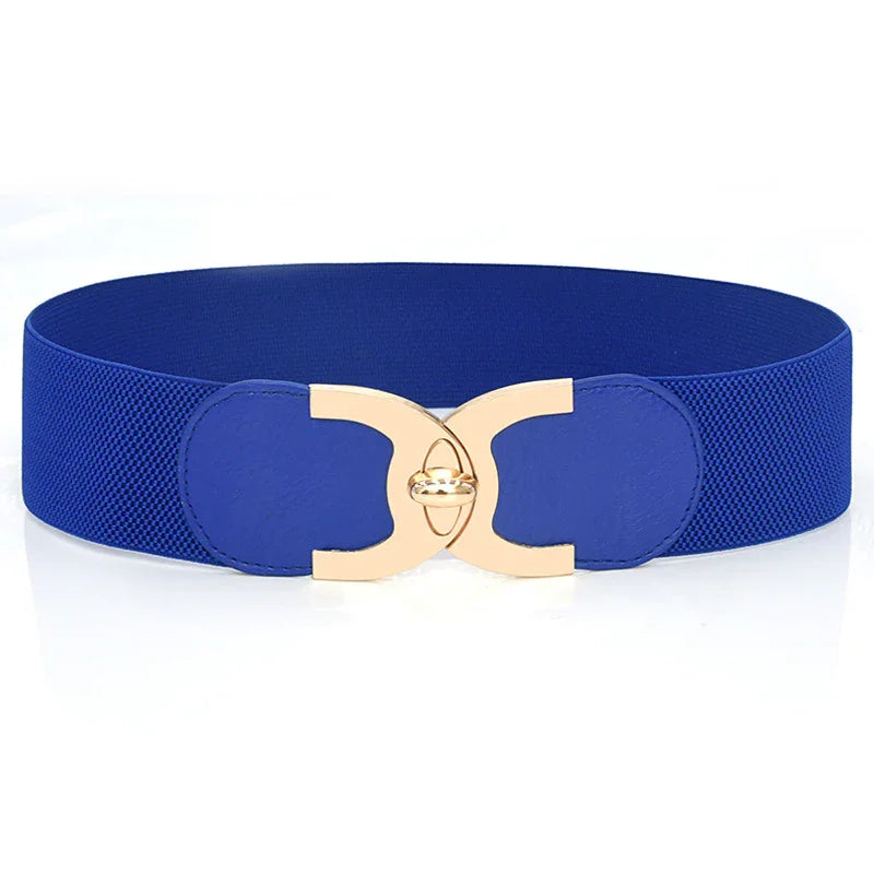 Blue elastic waist belt with gold double clasp buckle on white background