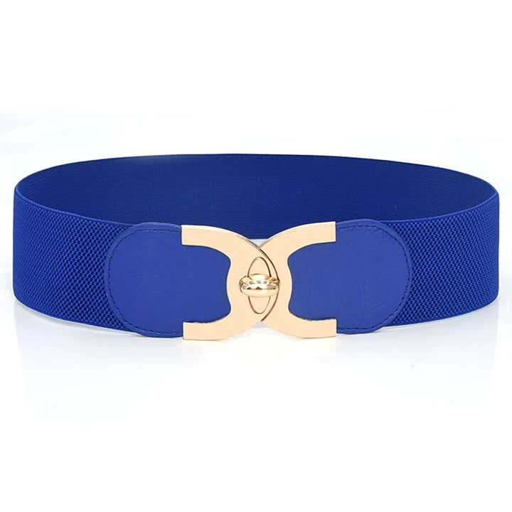 Blue elastic waist belt with gold double clasp buckle on white background