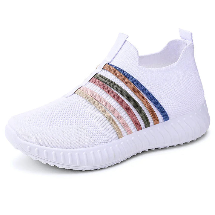 White knit slip-on sneaker with multicolor elastic straps and textured white sole