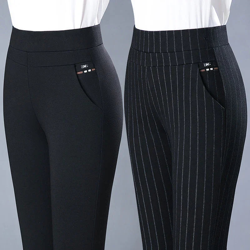 Close-up of women's black fitted pants, one plain and one pinstriped, with front pockets and white tops