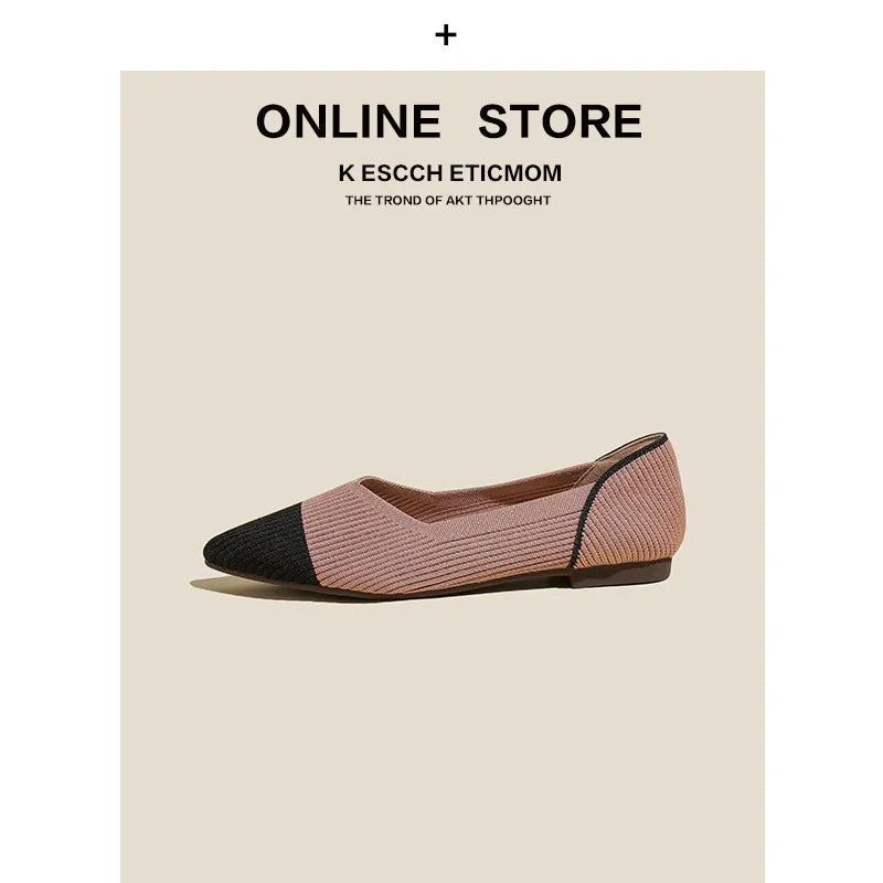 Women's flat shoe with black pointed toe and dusty pink ribbed fabric upper on beige background