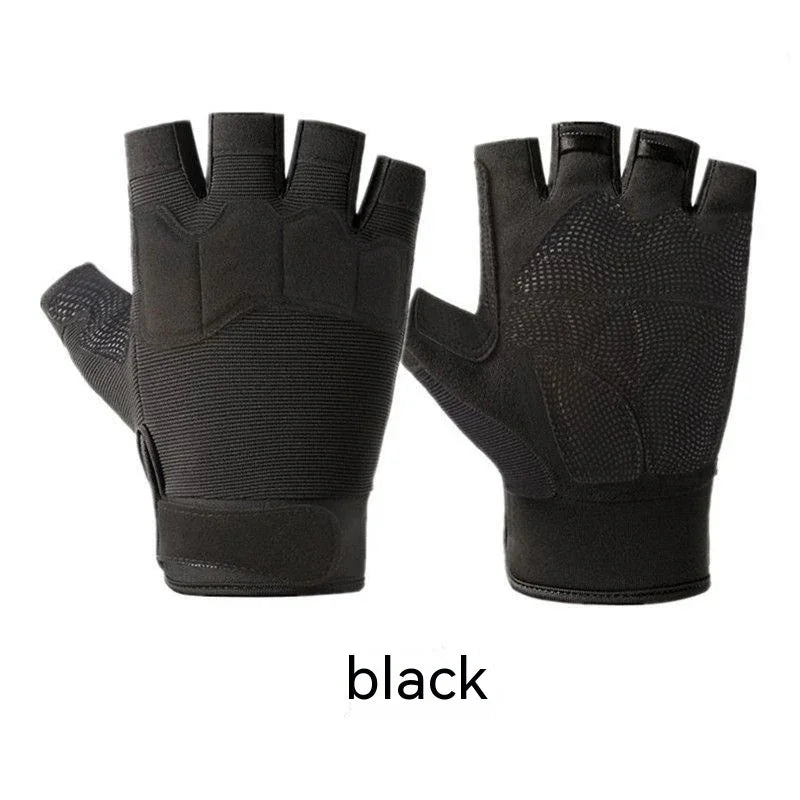 Black fingerless workout gloves with textured grip and adjustable wrist straps