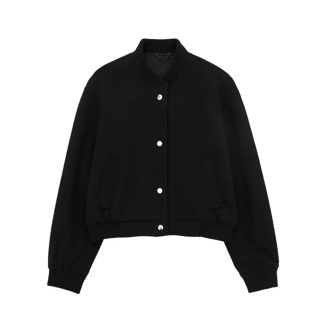 Black cropped bomber jacket with snap buttons and ribbed collar, cuffs, and hem