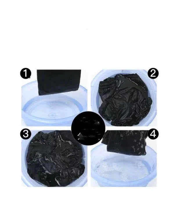 Step-by-step black garment washing process in a blue basin showing soaking and rinsing stages