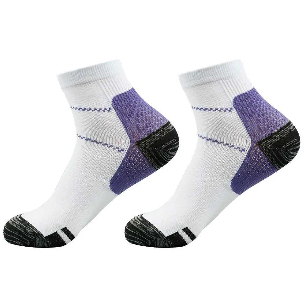 Pair of white ankle socks with purple arch support and black reinforced heel and toe