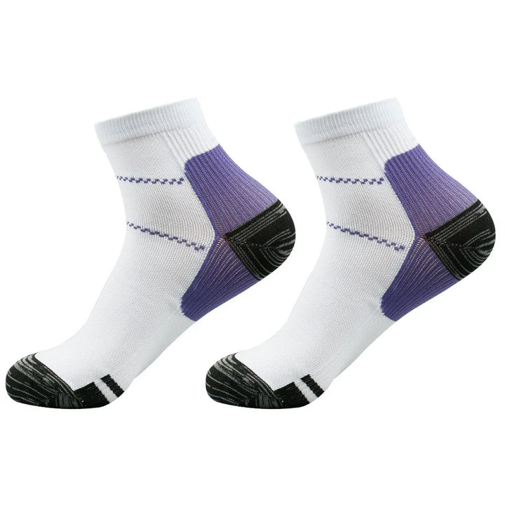 Pair of white ankle socks with purple arch support and black reinforced heel and toe
