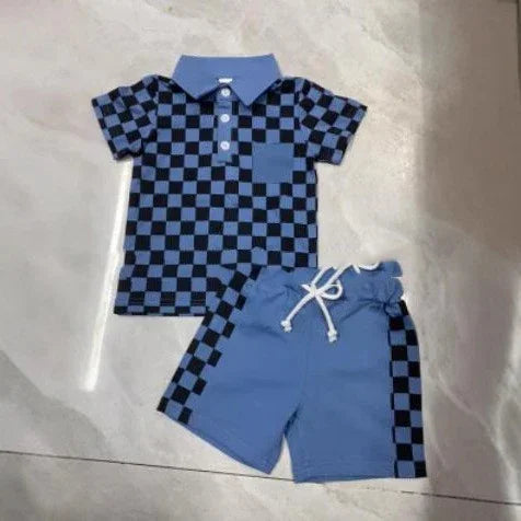 Blue and black checkered short sleeve polo shirt with matching shorts featuring checkered side panels