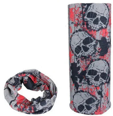 Gray and black skull print neck gaiter with red splatter design, shown flat and looped