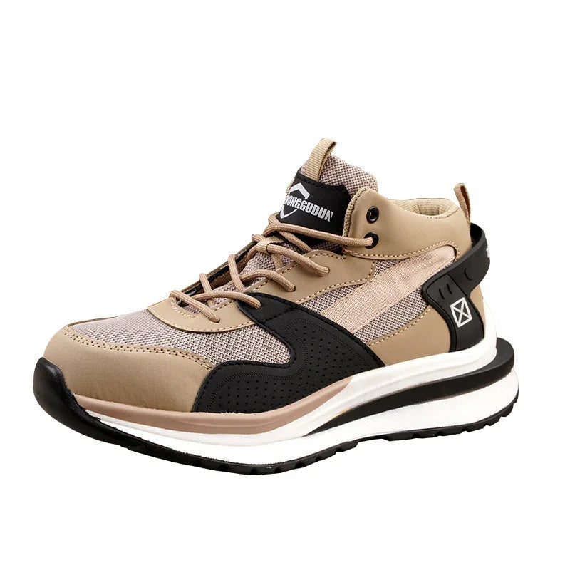 Beige and black high-top athletic sneaker with chunky sole and mesh upper