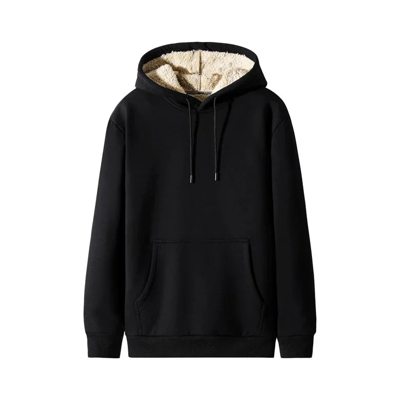Black hoodie with beige sherpa lining inside hood and front kangaroo pocket