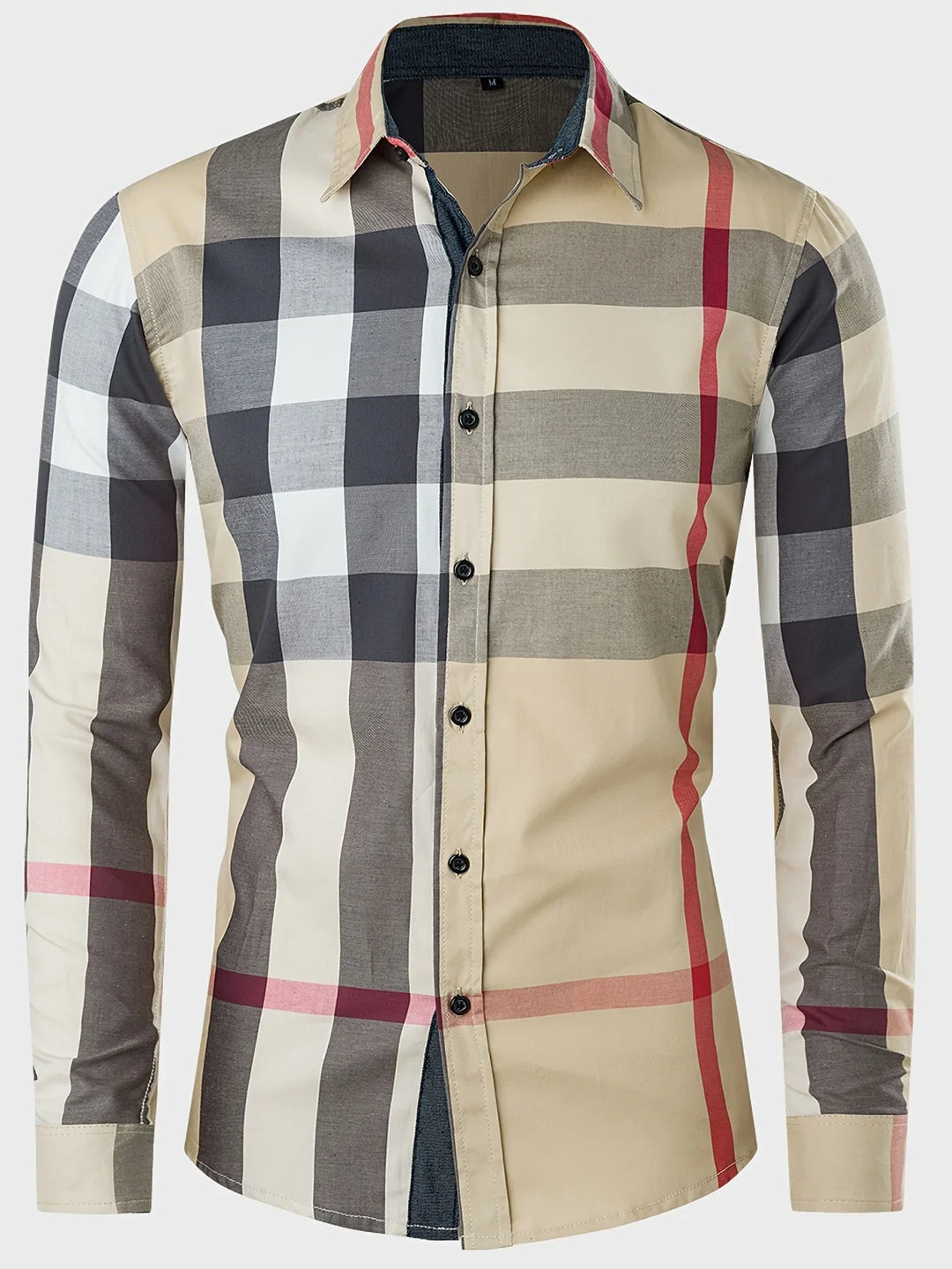 Men's slim fit button-down plaid shirt in beige, black, white, and red check pattern