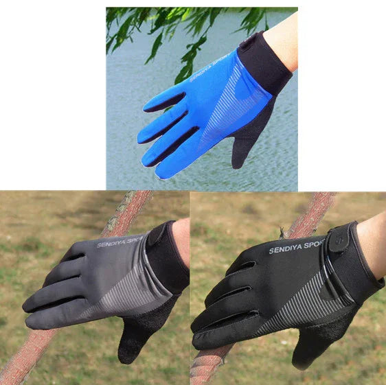 Three images of black and blue SENDIYA SPORT gloves on hands holding branches, outdoor setting