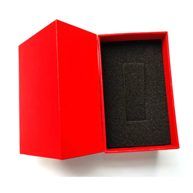 Open red gift box with black foam insert on white background