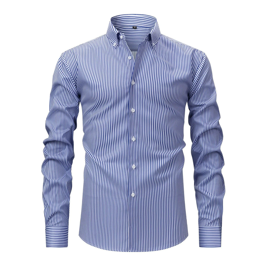 Men's blue and white vertical striped button-down dress shirt with long sleeves