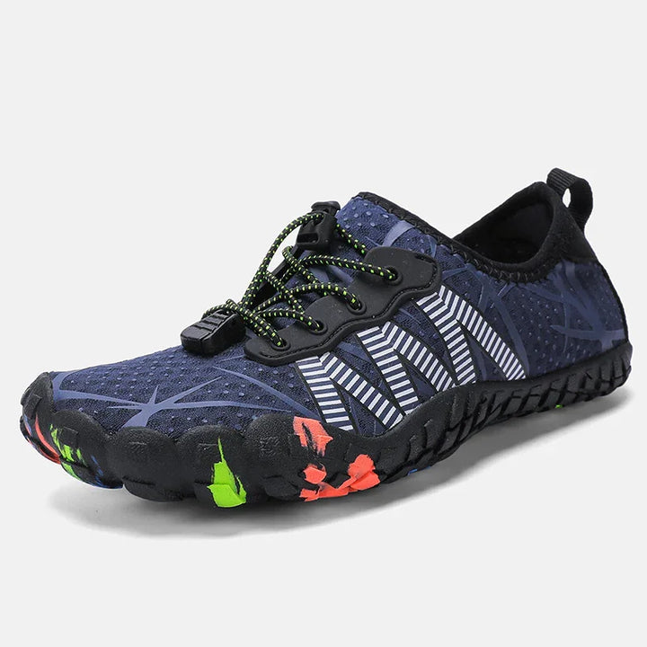 Navy blue water shoe with black sole, white striped accents, and neon green laces