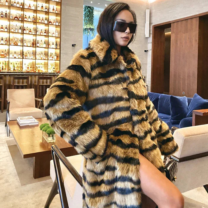 Woman wearing oversized tiger-striped faux fur coat and large sunglasses in modern lounge with bar and velvet sofas