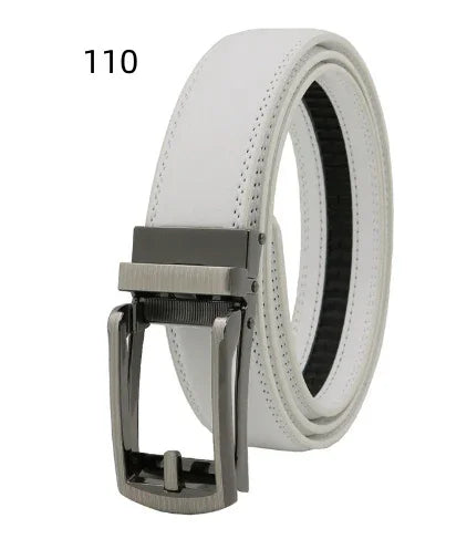 White leather men's belt with silver metal buckle, labeled size 110, against white background