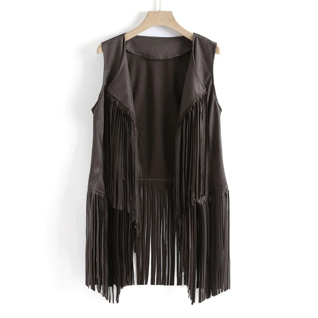 Dark brown sleeveless suede vest with long fringes hanging on wooden hanger