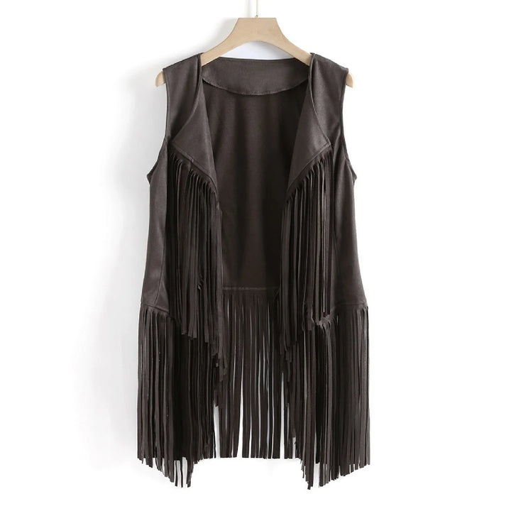 Dark brown sleeveless suede vest with long fringes hanging on wooden hanger