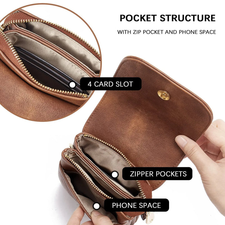 Brown leather wallet open showing pocket structure with 4 card slots, zipper pockets, and phone space