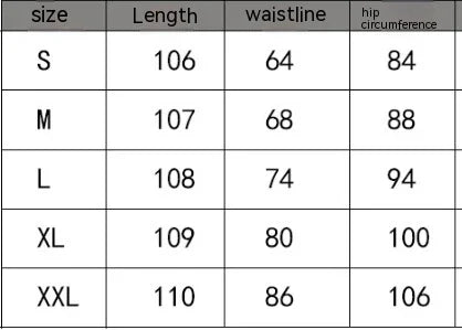 Size chart for clothing with measurements in length, waistline, and hip circumference from S to XXL