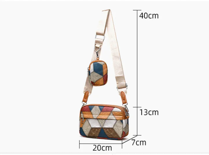 Multicolor geometric pattern crossbody bag with adjustable beige strap and small pouch, dimensions shown