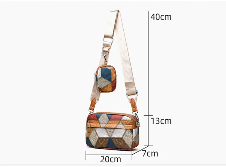 Multicolor geometric pattern crossbody bag with adjustable beige strap and small pouch, dimensions shown