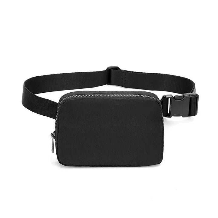 Black rectangular waist bag with adjustable strap and zipper closure on white background
