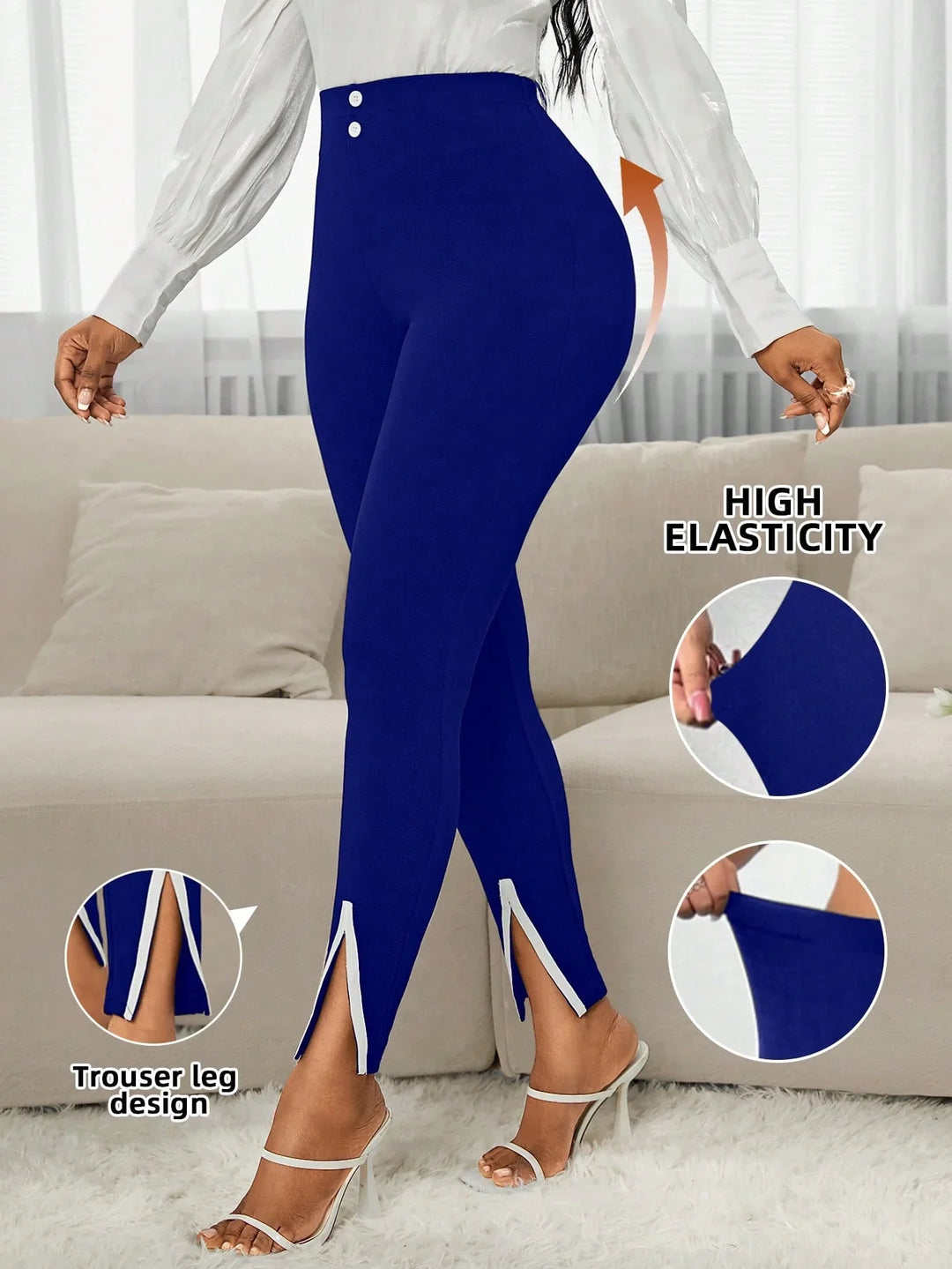 Woman wearing high-waist blue leggings with white side slits and elastic stretch fabric