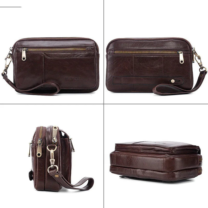 Dark brown leather men's wristlet wallet with zipper pockets, detachable strap, and embossed logo